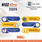 poster for Bizz Expo Business Expo & Summit in Jaipur, India on June 15, 2024. The poster highlights opportunities for networking, staying ahead of the curve, and elevating brand presence.